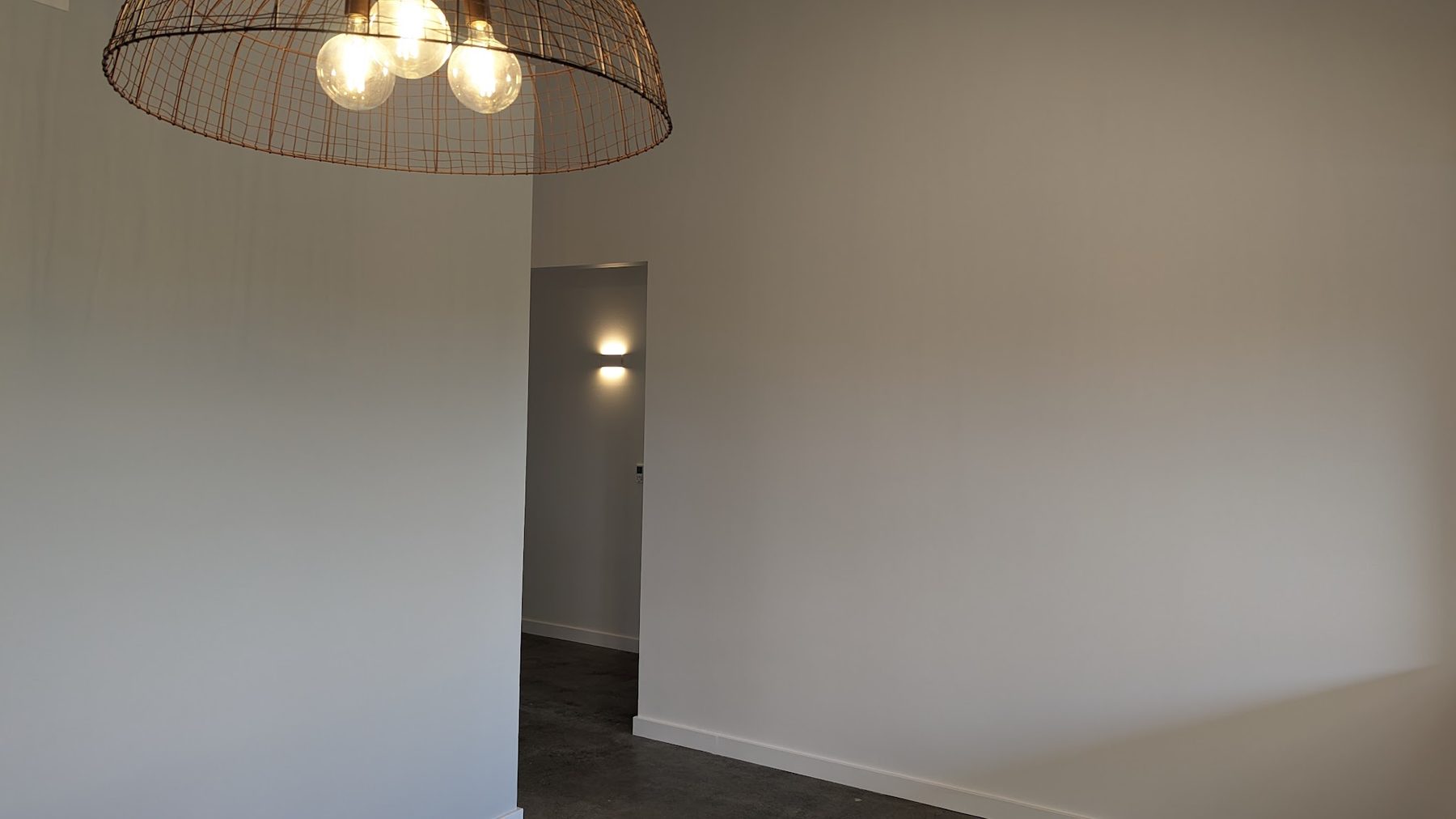 A wire mesh dome pendant with three exposed globes, and a wall light down the hallway behind it